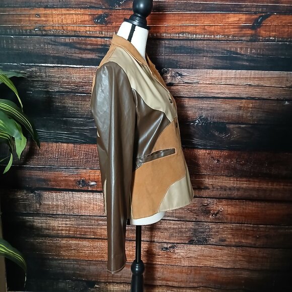 RAVE Vintage Jacket M Patchwork Vegan Faux Leather Lined Button Front - Picture 7 of 13
